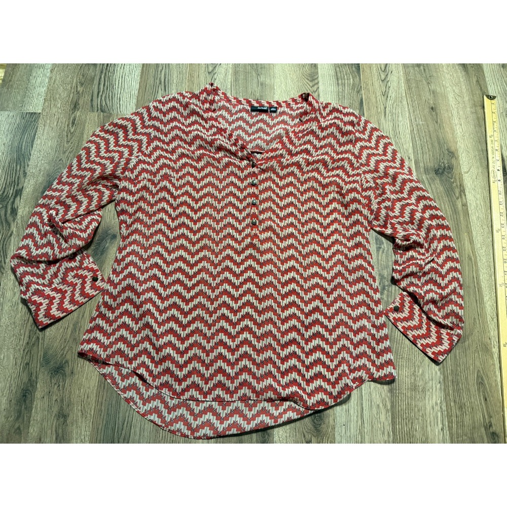 a.n.a Shirts Women Size L Red Chevron Blouse Henley Neck Long Sleeve